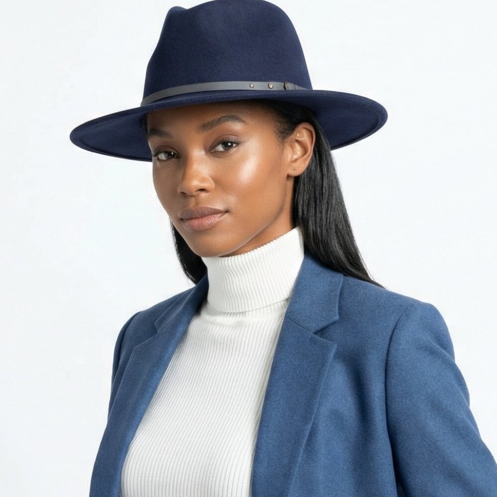 Navy Belt Buckle Trim Wide Brim Felt Hat